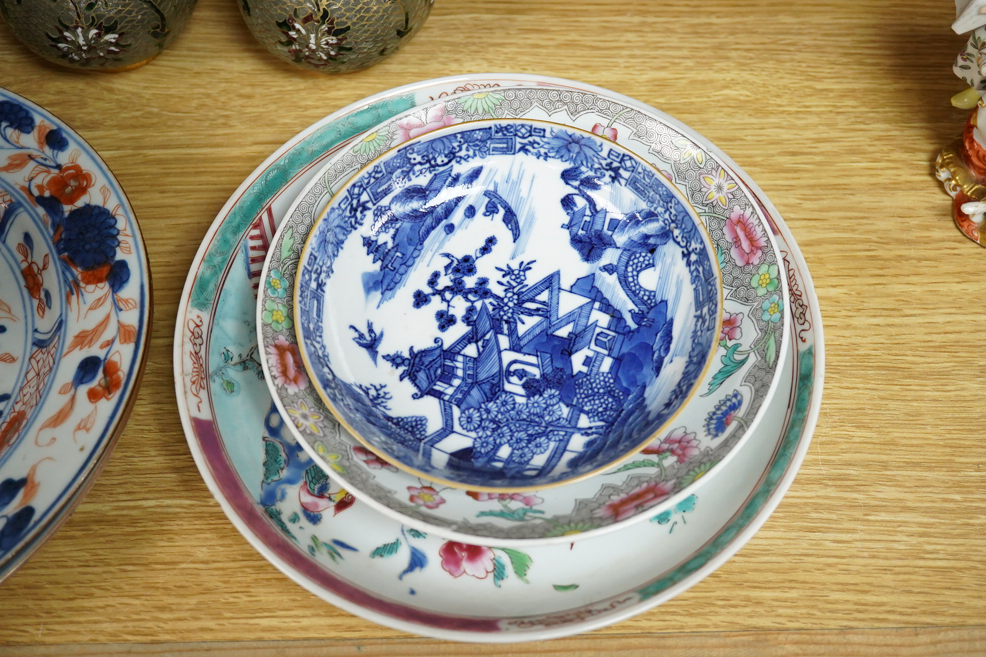 A pair of plique au jour Chinese vases together with a collection of Chinese export plates and dishes, largest 22cm in diameter